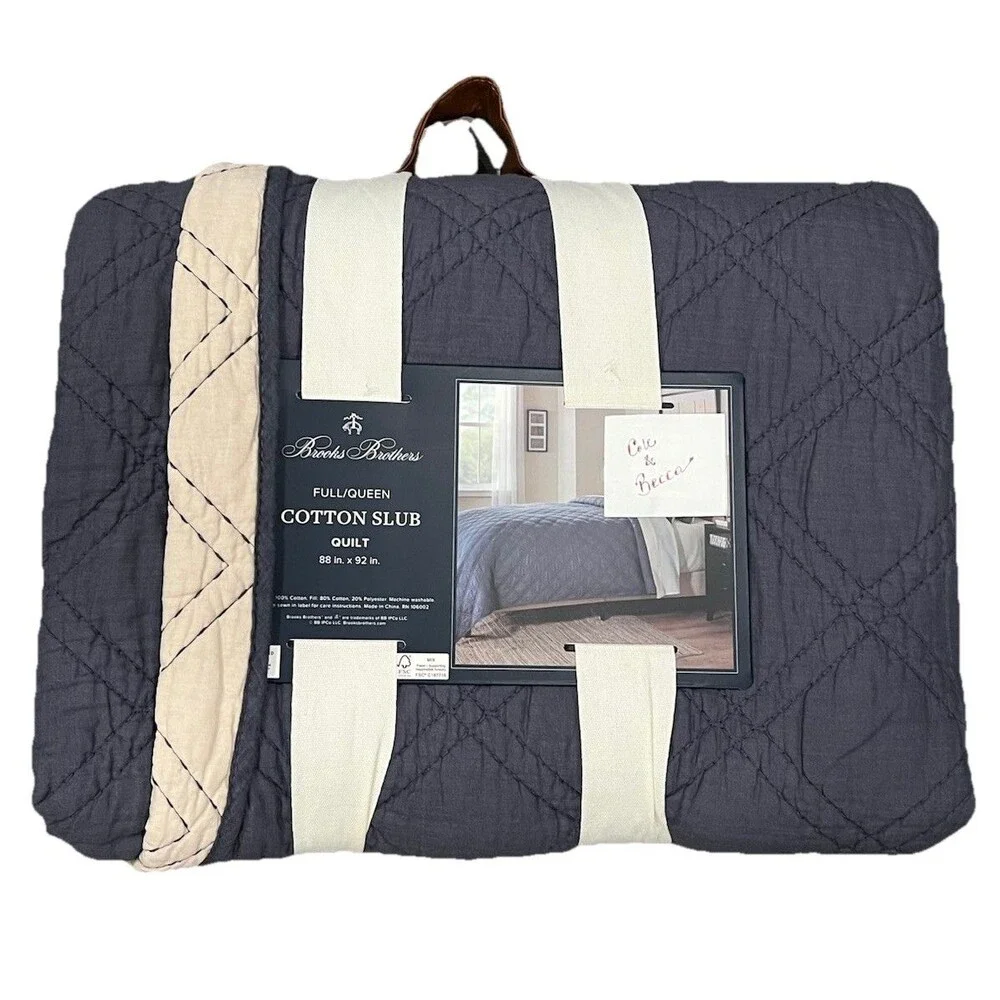 Brooks Brothers Cotton Slub Quilt FULL QUEEN Dark Blue Diamond Stitch Reversible